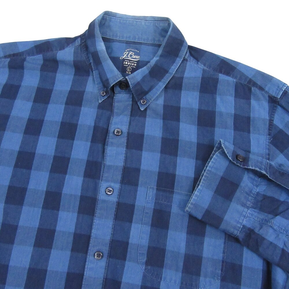 J Crew Mens‎ Button Down Shirt L Slim Fit Dark Blue Check Indigo Chambray
